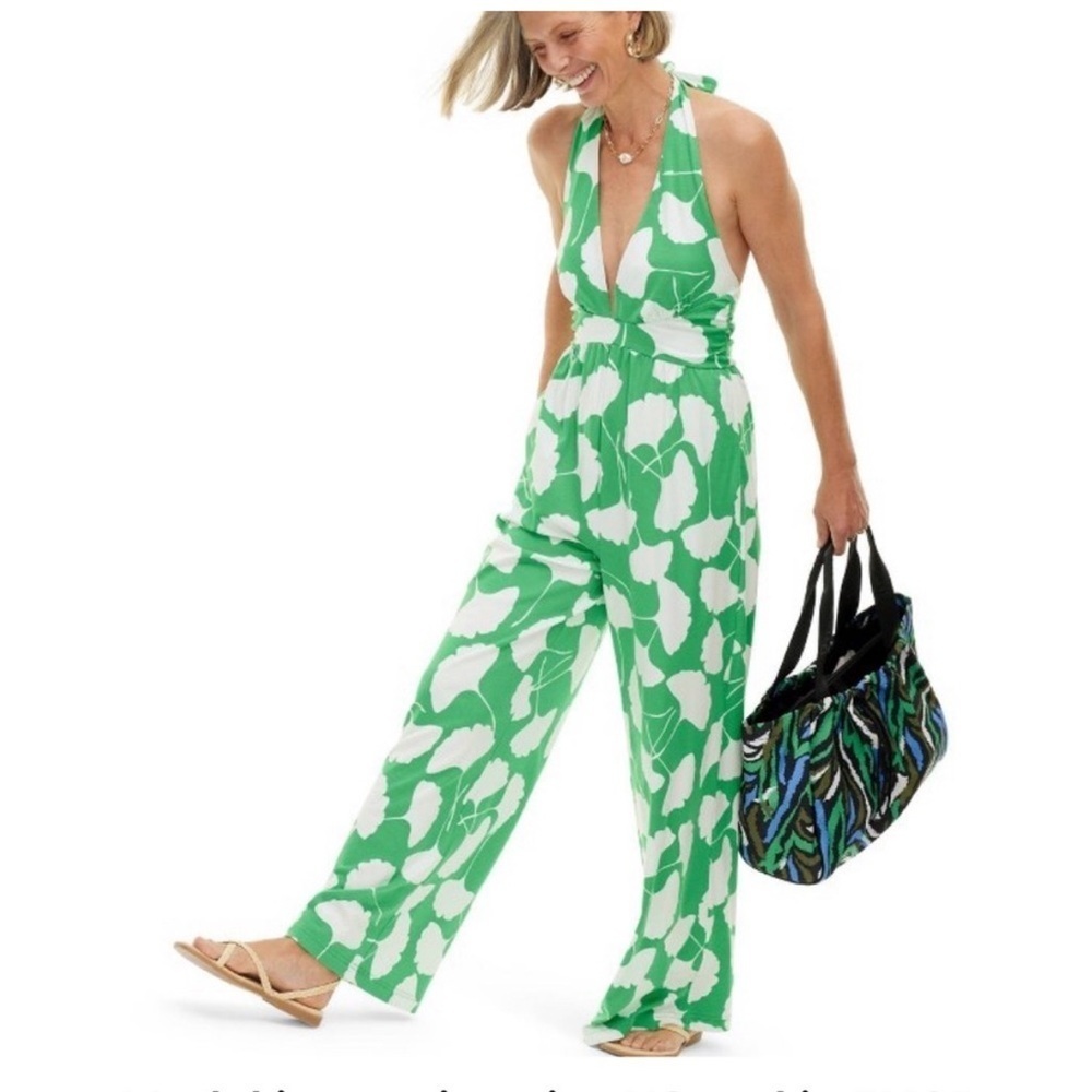 Diane von Furstenberg Women's Halter Jumpsuit Deep V-Neck, Ginkgo Green new - Picture 5 of 9